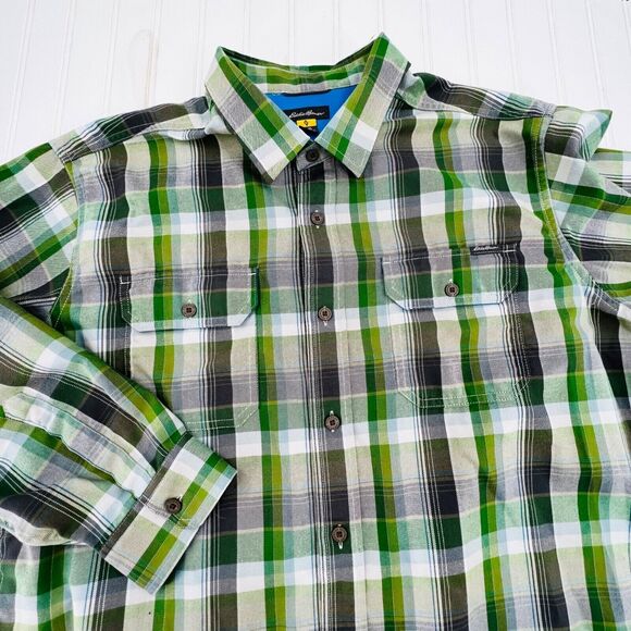 Eddie Bauer Shirt Mens XL Green Grey Plaid Button Down Active Long Sleeve - Picture 2 of 8